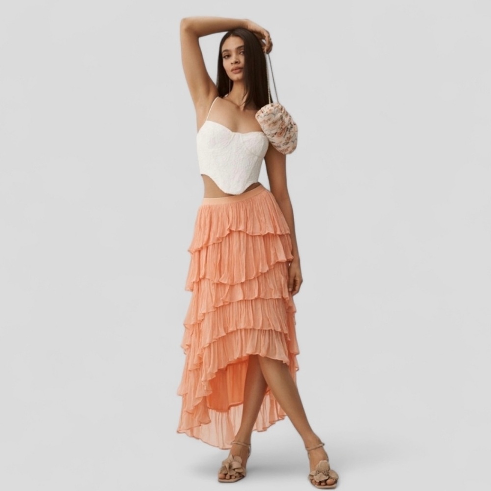 Anthropologie Tiered Ruffled Hi-Low Coral Maxi Skirt (S)